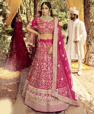 Colorful Pink beads, zari, and resham embroidered raw Silk Semi Stitched wedding Lehenga 2