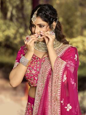Colorful Pink beads, zari, and resham embroidered raw Silk Semi Stitched wedding Lehenga 3