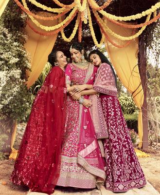 Colorful Pink beads, zari, and resham embroidered raw Silk Semi Stitched wedding Lehenga 4