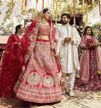 Charming Red zarkan, dori, and zari embroidered raw Silk Semi Stitched wedding Lehenga 6