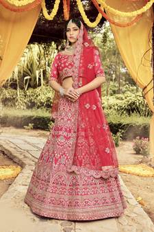 Comely Red dori, zarkan, and resham embroidered raw silk semi stitched wedding lehenga