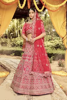 Comely Red dori, zarkan, and resham embroidered raw silk semi stitched wedding lehenga