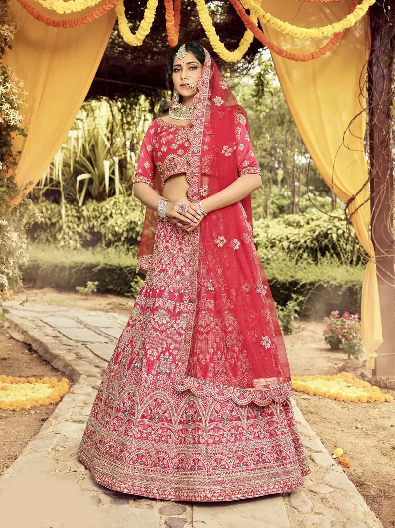 Comely Red dori, zarkan, and resham embroidered raw silk semi stitched wedding lehenga