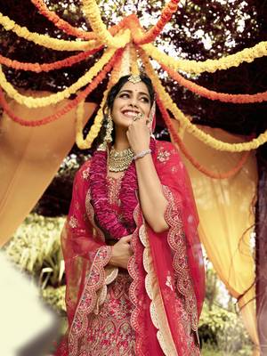 Comely Red dori, zarkan, and resham embroidered raw Silk Semi Stitched wedding Lehenga 2