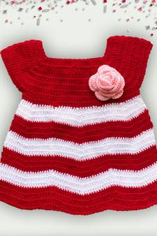 Flower applique dual colour woolen frock- red & White