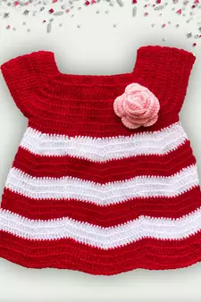 Flower applique dual colour woolen frock- red & White