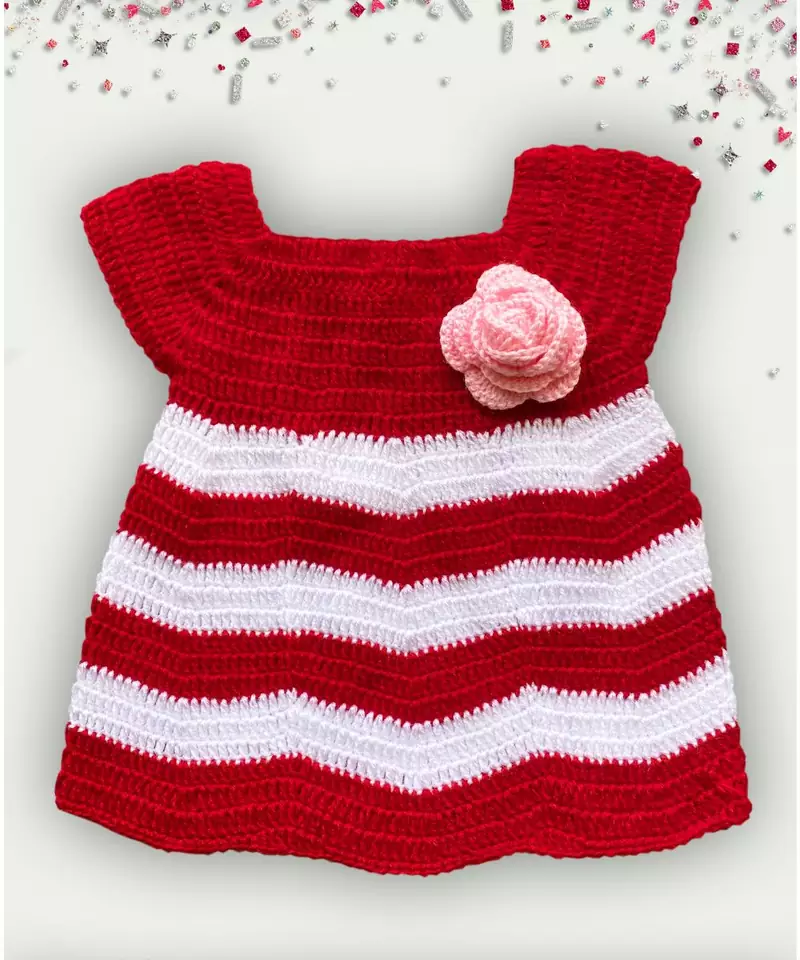 Flower applique dual colour woolen frock- red & White