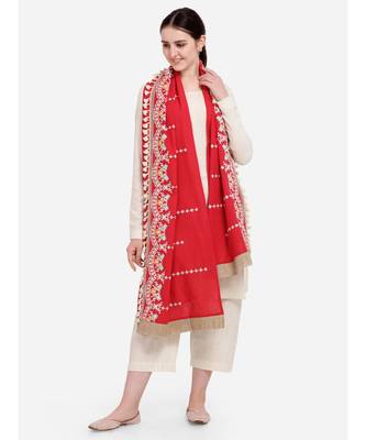 Red Floral Embroidered Stole With Cotton Tassels Lace 1