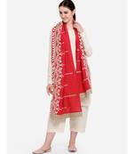 Red Floral Embroidered Stole With Cotton Tassels Lace