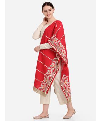 Red Floral Embroidered Stole With Cotton Tassels Lace 2