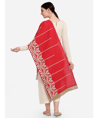 Red Floral Embroidered Stole With Cotton Tassels Lace 3