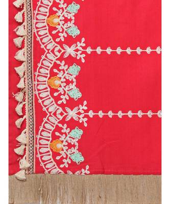 Red Floral Embroidered Stole With Cotton Tassels Lace 5