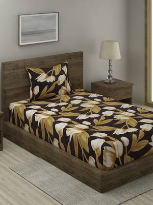 BROWN AND YELLOW FLORAL 20 TC Cotton  SINGLE Bedsheet with  Pillow Cover 1
