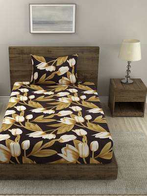 BROWN AND YELLOW FLORAL 20 TC Cotton  SINGLE Bedsheet with  Pillow Cover 2