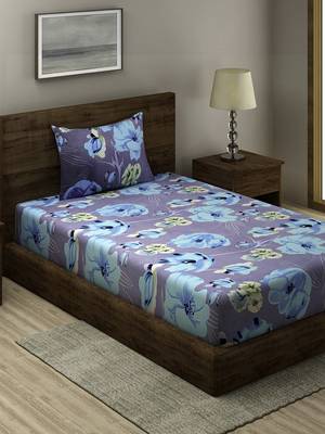 BLUE AND GREY FLORAL 20 TC Cotton  SINGLE Bedsheet with  Pillow Cover 1