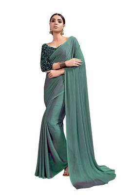 Teal Green Chiffon Zari Weaving Weighthless Saree & Sequence Work Blouce Piece 1