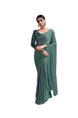 Teal Green Chiffon Zari Weaving Weighthless Saree & Sequence Work Blouce Piece 2