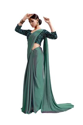 Teal Green Chiffon Zari Weaving Weighthless Saree & Sequence Work Blouce Piece 3