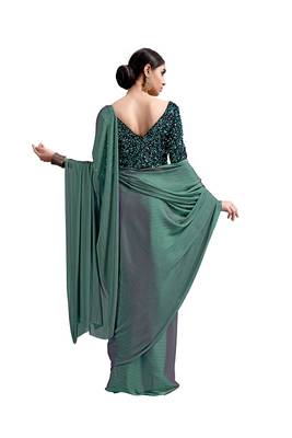 Teal Green Chiffon Zari Weaving Weighthless Saree & Sequence Work Blouce Piece 4