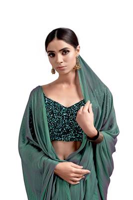 Teal Green Chiffon Zari Weaving Weighthless Saree & Sequence Work Blouce Piece 5