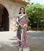 Purple Ajrak Printed Cotton Silk Designer Saree With Blouse Piece