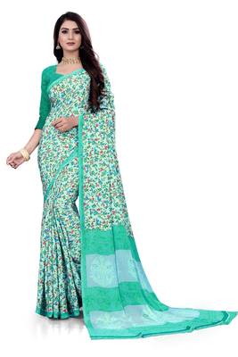 Blue Floral Printed Crepe Silk Uniform Saree With Blouse Piece 1