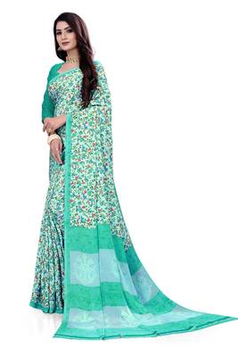 Blue Floral Printed Crepe Silk Uniform Saree With Blouse Piece 2