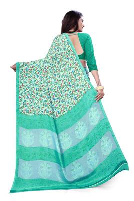 Blue Floral Printed Crepe Silk Uniform Saree With Blouse Piece 3