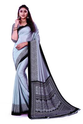 Grey Printed Crepe Silk Uniform Saree With Blouse Piece 1