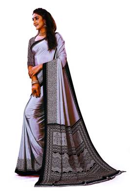 Grey Printed Crepe Silk Uniform Saree With Blouse Piece 2