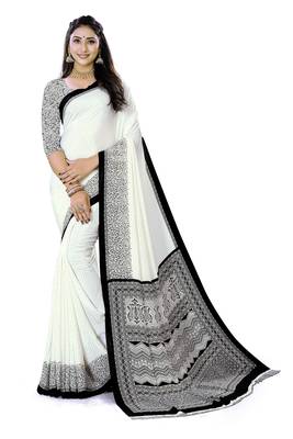 White Printed Crepe Silk Uniform Saree With Blouse Piece 1