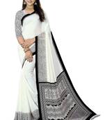 White Printed Crepe Silk Uniform Saree With Blouse Piece