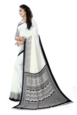 White Printed Crepe Silk Uniform Saree With Blouse Piece 2
