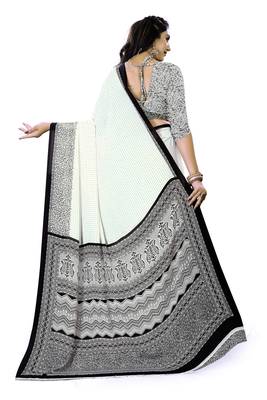 White Printed Crepe Silk Uniform Saree With Blouse Piece 3