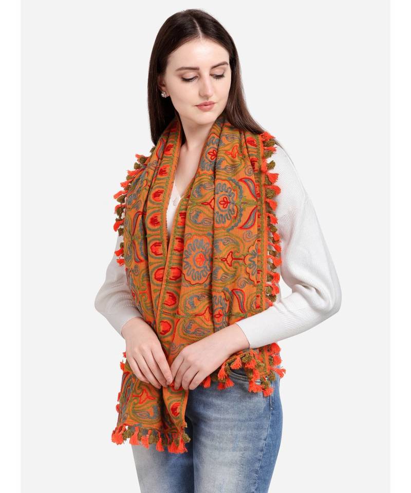Mono Orange Woollen Embroidered Khadi Muffler