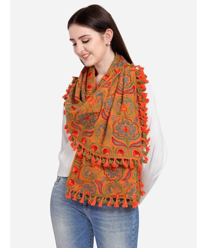 Mono Orange Woollen Embroidered Khadi Muffler