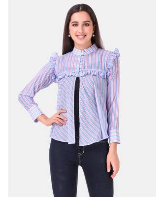 Blue Stripe Soft Cotton High Neck Top 1