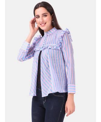 Blue Stripe Soft Cotton High Neck Top 2