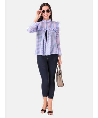 Blue Stripe Soft Cotton High Neck Top 5