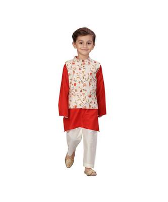 Muslin red Boys Kurta  Waistcoat and Dhoti Pant Set 1