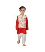 Muslin red Boys Kurta  Waistcoat and Dhoti Pant Set