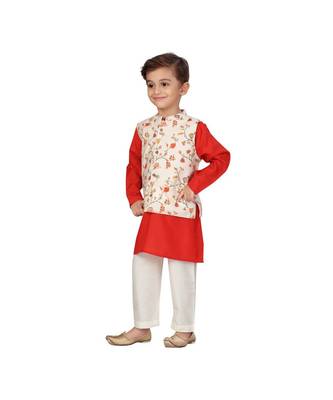 Muslin red Boys Kurta  Waistcoat and Dhoti Pant Set 2