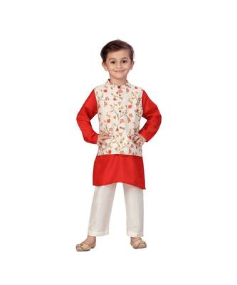 Muslin red Boys Kurta  Waistcoat and Dhoti Pant Set 3