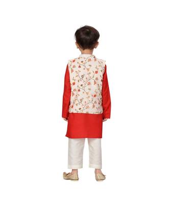 Muslin red Boys Kurta  Waistcoat and Dhoti Pant Set 4