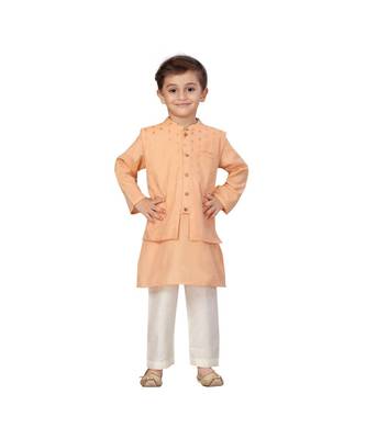 pure blended cotton peach Boys Kurta  Waistcoat and Dhoti Pant Set 1