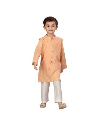 pure blended cotton peach Boys Kurta  Waistcoat and Dhoti Pant Set 2
