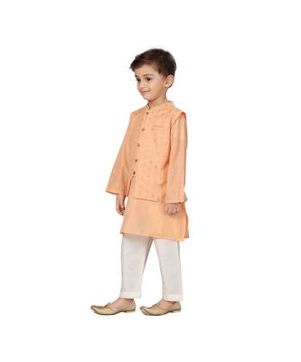pure blended cotton peach Boys Kurta  Waistcoat and Dhoti Pant Set 3