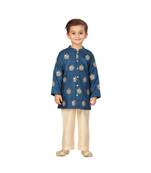 pure silk blend blue Boys Kurta  Waistcoat and Dhoti Pant Set