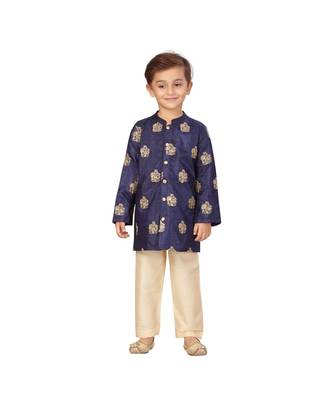 pure silk blend blue Boys Kurta  Waistcoat and Dhoti Pant Set 1