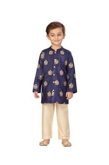 pure silk blend blue Boys Kurta  Waistcoat and Dhoti Pant Set